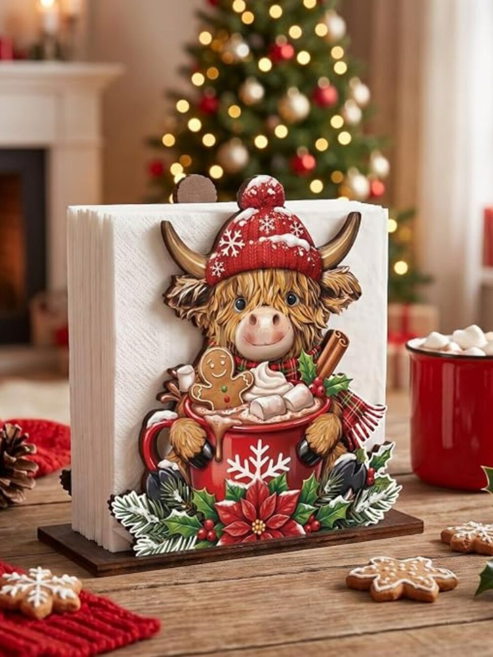 Mifoci Christmas Highland Cow Napkin Holder Decor Wooden Napkin Dispenser